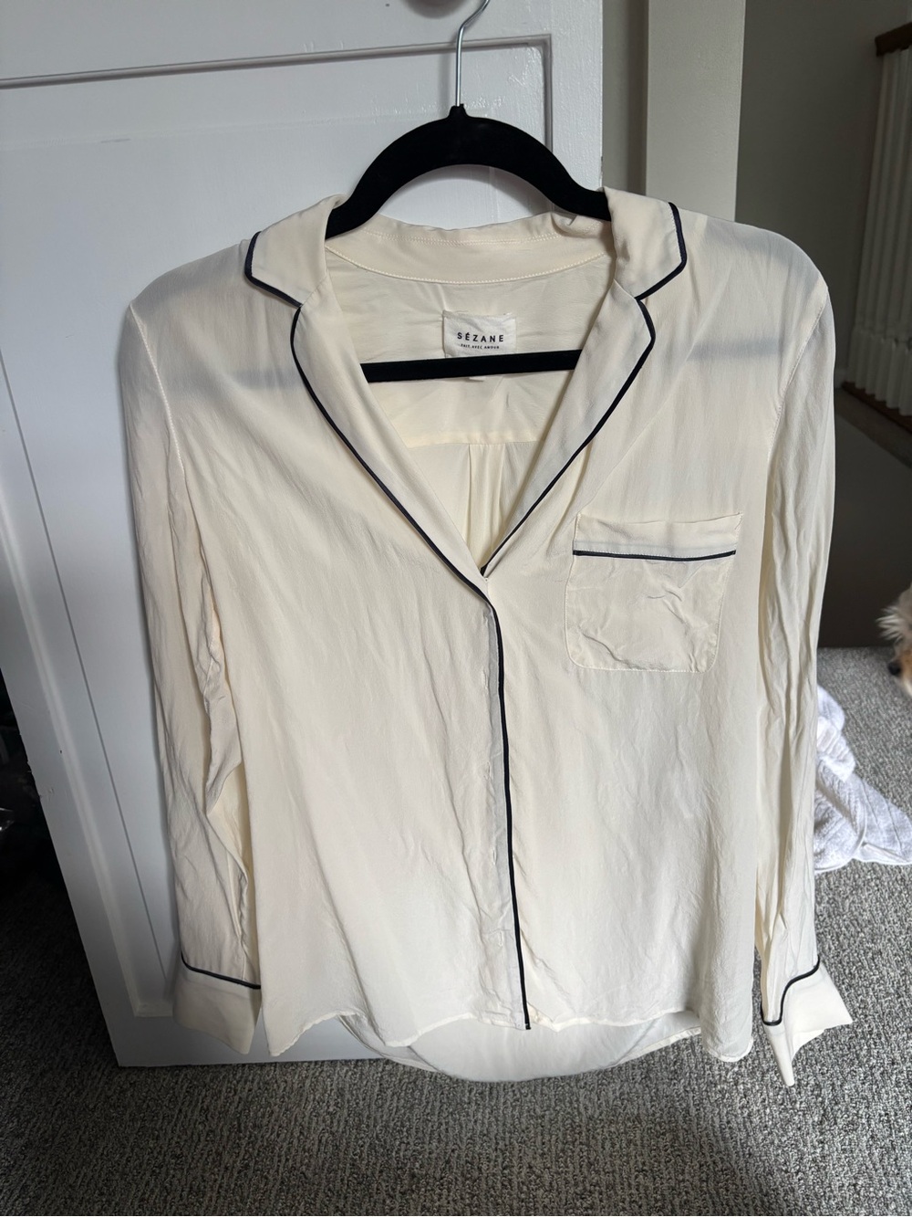 Sezane Cream Button-Up Blouse with Black Piping